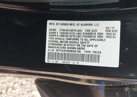 2017 Honda Ridgeline Rtl из США, поврежденный, VIN 5FPYK3F55HB032156